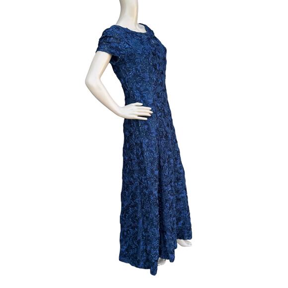 Alex Evenings Navy Blue Formal Gown 8 Textured Floral Short Sleeve Maxi Dress - Picture 5 of 7
